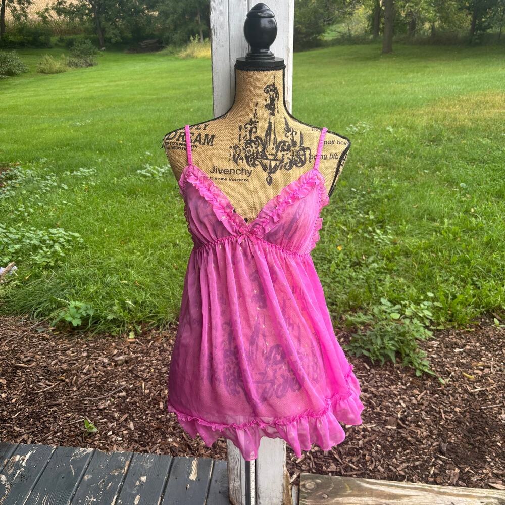 Victoria's Secret Hot Pink Babydoll Lingerie Chemise Top Ruffle Small Y2K